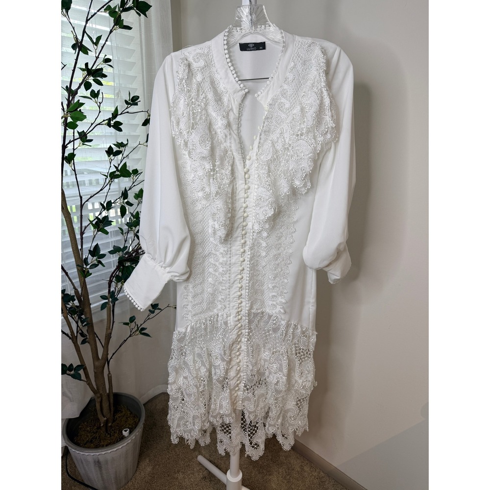 LUMO White Lace Button Front High Low Dress Long Sleeve Bridal Event Size 36 - Picture 2 of 8